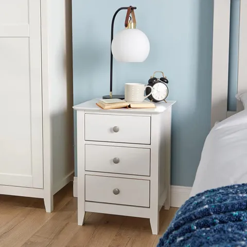 BOXED CITRONELLE 3 DRAWER WHITE BEDSIDE TABLE STORAGE UNIT 