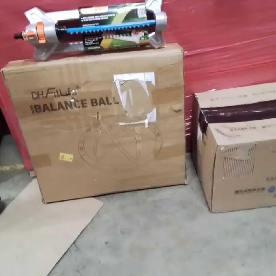 PALLET OF ASSORTED HOUSEHOLD GOODS AND PRODUCTS TO INCLUDE; ELECTRIC WATER HEATER,IBALANCE BALL,METAL OSCILLATING SPRINKLER