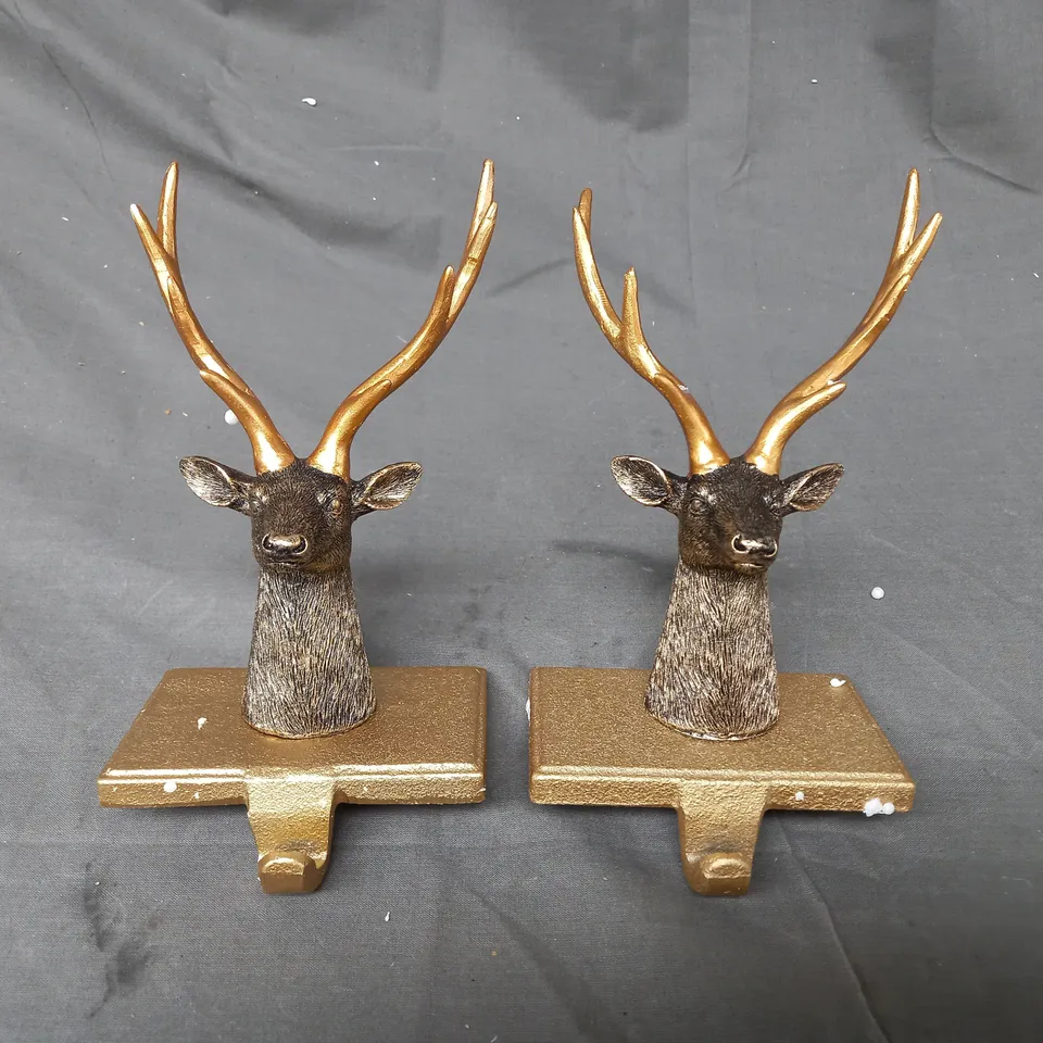 BOXED SET OF TWO ALISON CORK ANIMAL STOCKING HOLDERS - STAG