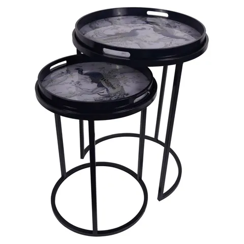 BOXED LAURA ASHLEY SET OF 2 BLUE BELVEDERE PEACOCK PRINT SIDE TABLES (1 BOX)