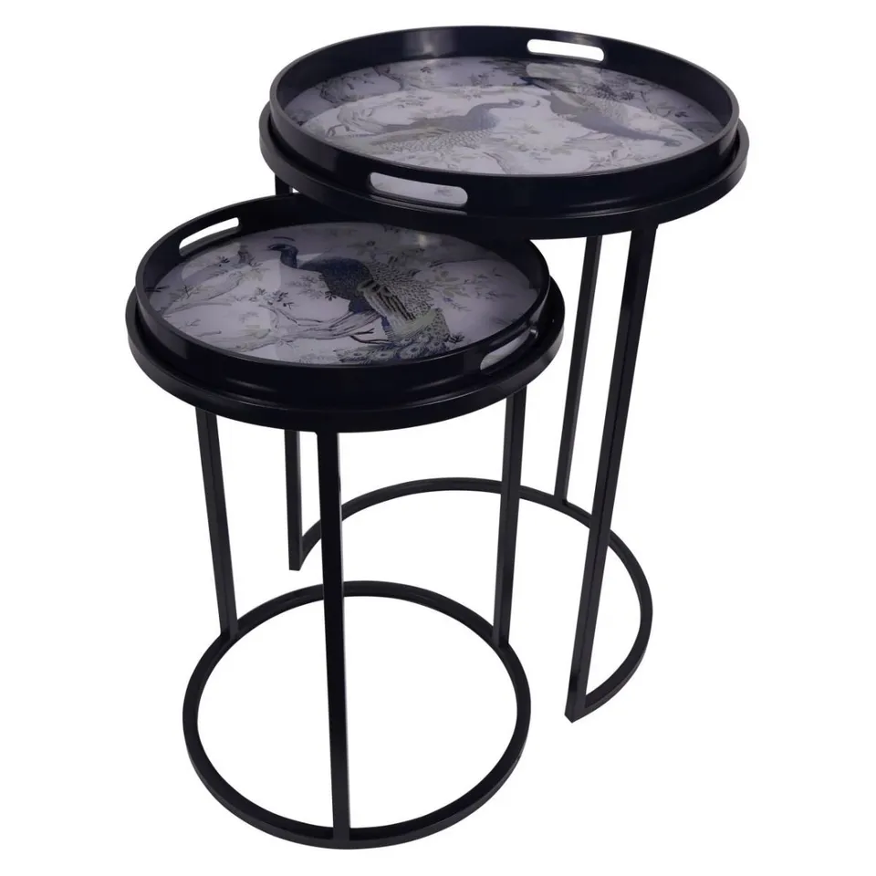 BOXED LAURA ASHLEY SET OF 2 BLUE BELVEDERE PEACOCK PRINT SIDE TABLES (1 BOX)