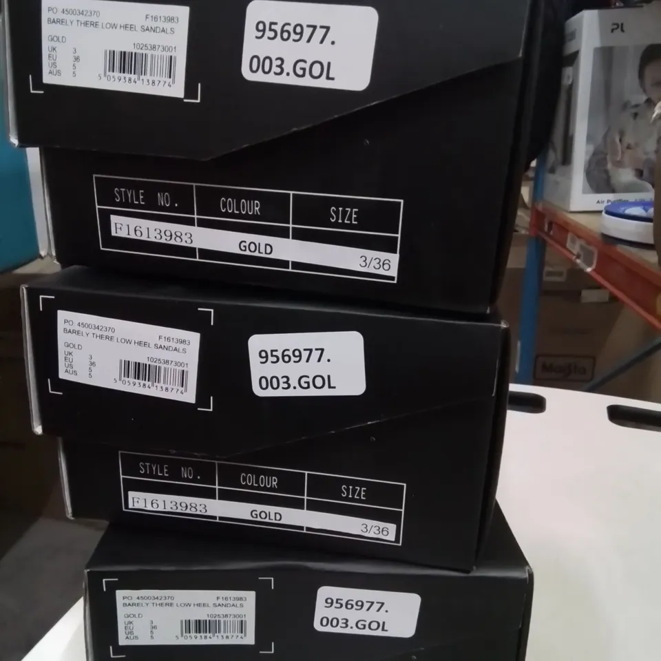 THREE BOXED PAIRS MISSGUIDED BARELY THERE LOW HEEL SANDELS GOLD SIZE 3