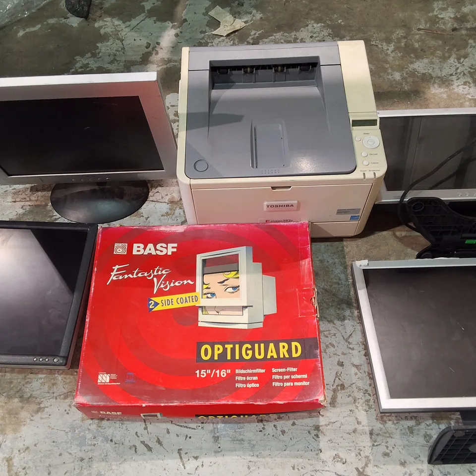 CAGE CONTAINING APPROXIMATELY 22 ASSORTED TECH ITEMS TO INCLUDE PRIMARILY VARIOUS MONITORS AND PRINTERS