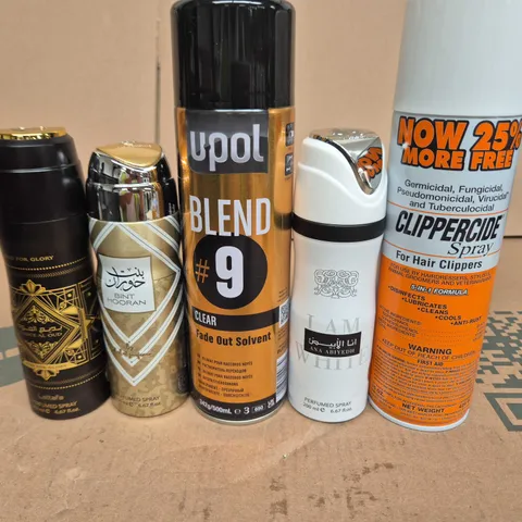 APPROXIMATELY 6 ASSORTED AEROSOLS TO INCLUDE CLIPPERCIDE SPRAY , PERFUMED SPRAY AND BED BUG KILLER