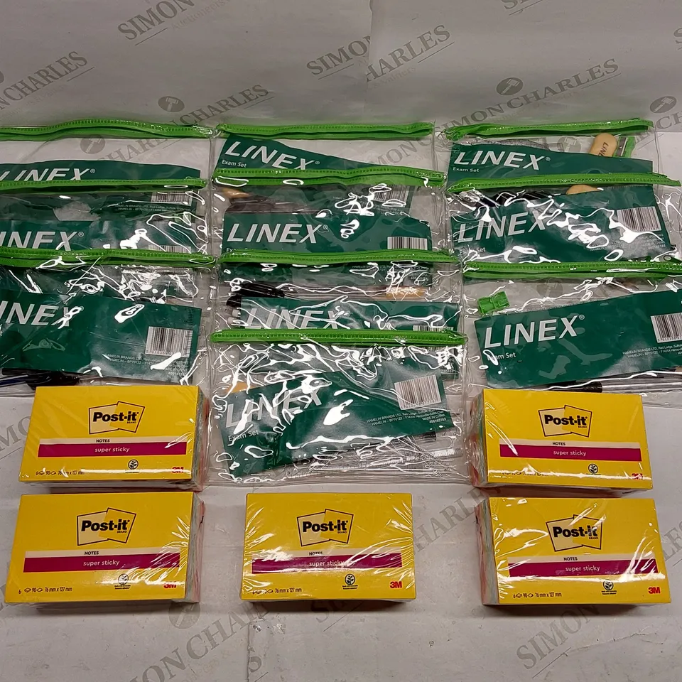 BOX OF APPROXIMATELY 15 BRAND NEW STATIONARY PRODUCTS TO INCLUDE; 10X LINEX EXAM SETS, 5X 90 76MM X 127MM MULTI-COLOURED POST-IT NOTES 