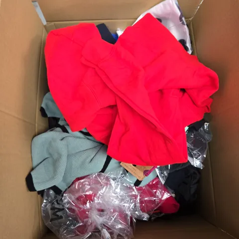 LARGE BOX OF ASSORTED CLOTHING ITEMS IN VARIOUS SIZES, STYLES AND COLOUR 