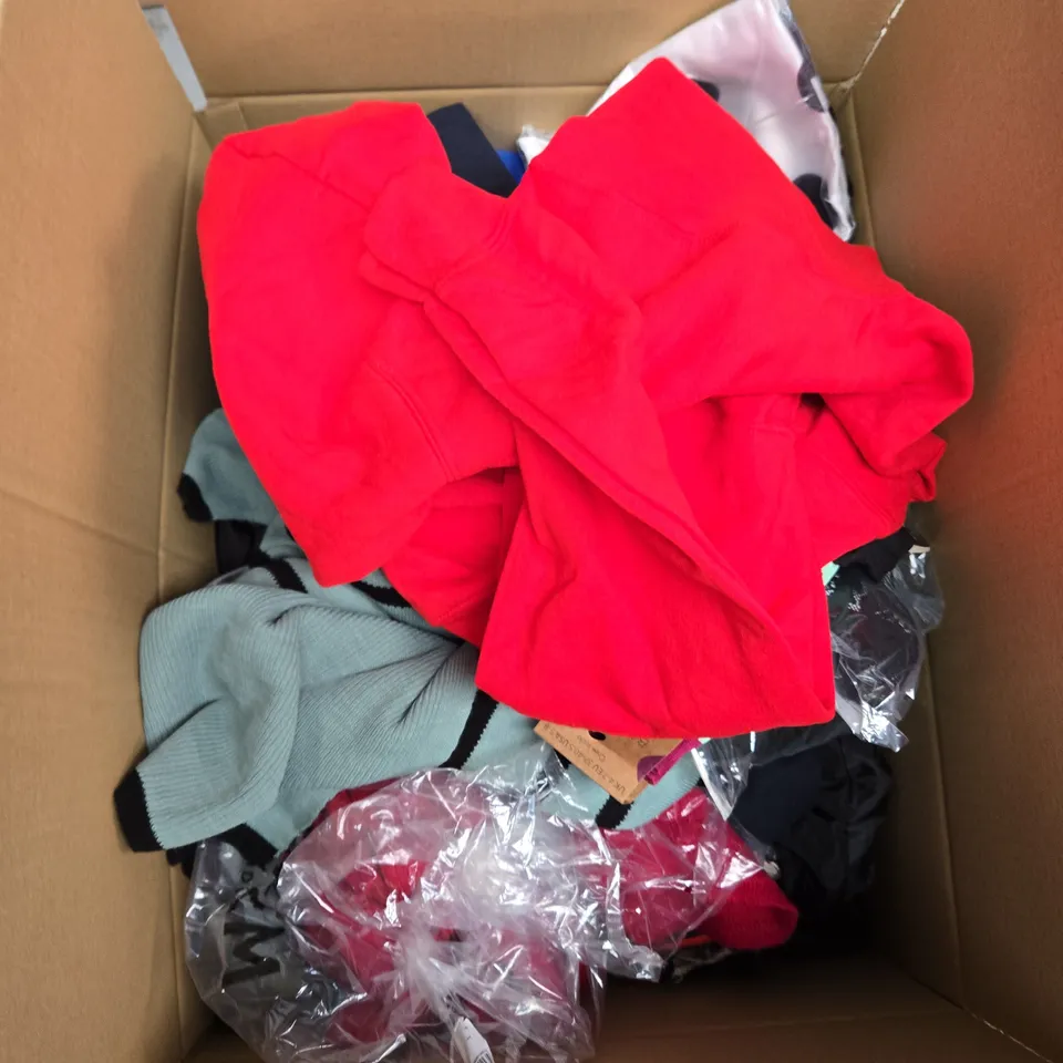 LARGE BOX OF ASSORTED CLOTHING ITEMS IN VARIOUS SIZES, STYLES AND COLOUR 