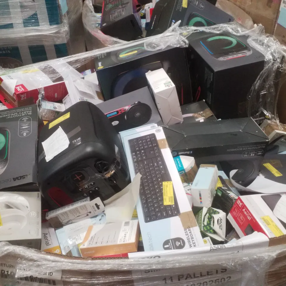 PALLET CONTAINING ASSORTED ELECTRICAL RETURNS INCLUDING BLUETOOTH PARTY SPEAKER, AERIAL, HEADPHONES, UNIVERSAL REMOTES & BLUETOOTH CD BOOMBOX