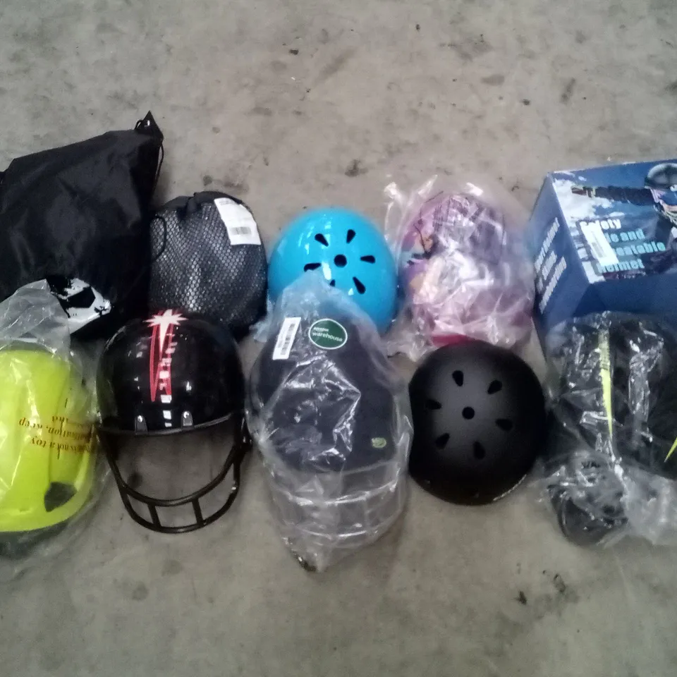 PALLET OF ASSORTED HELMETS  INCLUDING CYCLING, AMERICAN FOOTBALL, SNORKEL MASK, SAFETY HELMET, ICE HOCKEY, SNOW SPORT HELMET 