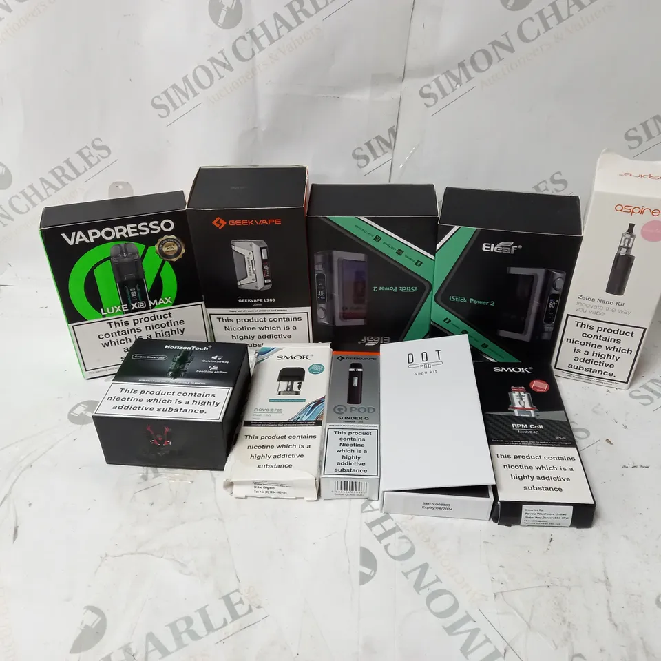 BOX OF APPROXIMATELY 10 ASSORTED E-CIG PRODUCTS TO INCLUDE VAPORESSO, GEEKVAPE, ASPIRE 