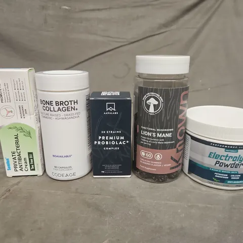 TOTE OF APPROXIMATELY 20 ASSORTED HEALTHCARE PRODUCTS TO INCLUDE PRIVATE ANTIBACTERIAL CREAM - BONE BROTH COLLAGEN CAPSULES AND PERFORMANCE SERIES ELECTROLYTE POWDER