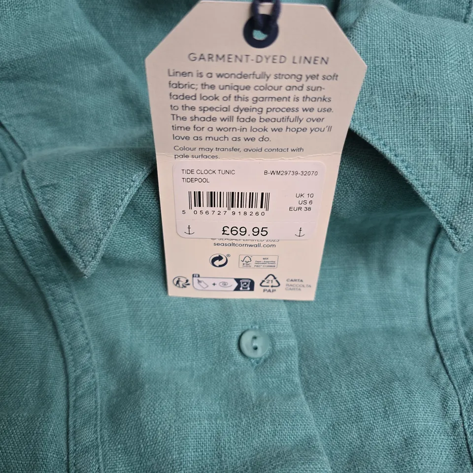 SEASALT TIDE CLOCK TUNIC – GARMENT-DYED LINEN, TURQUOISE, UK 10  SEASIDE 