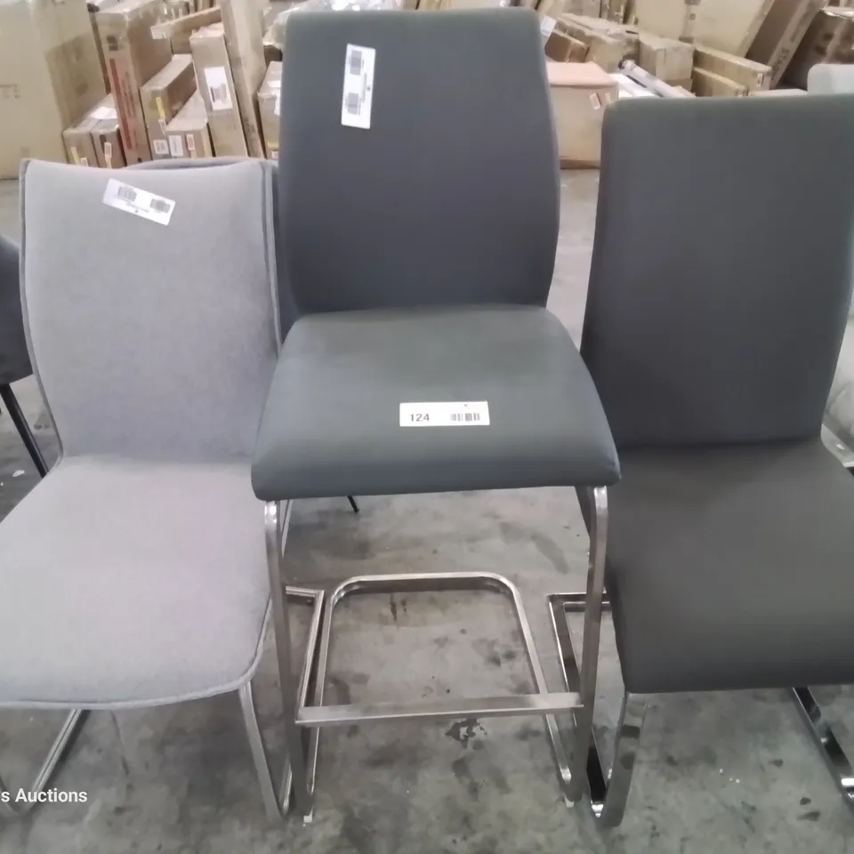 TWO ASSORTED DESIGNER UPHOLSTERED DINING CHAIRS & BAR STOOL ON METAL FRAMES