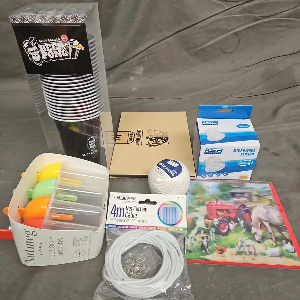 TOTE OF APPROXIMATELY 10 ASSORTED HOUSEHOLD ITEMS TO INCLUDE NET CURTAIN CABLE, MICROWAVE SENSOR AND ICE LOLLY MOULDS