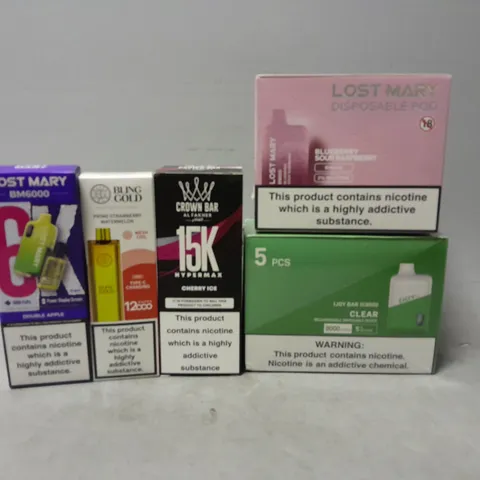 APPROXIMATELY 15 ASSORTED E-CIGARETTE PRODUCTS TO INCLUDE - LOST MARY , CROWN BAR , LOST MARY ETC