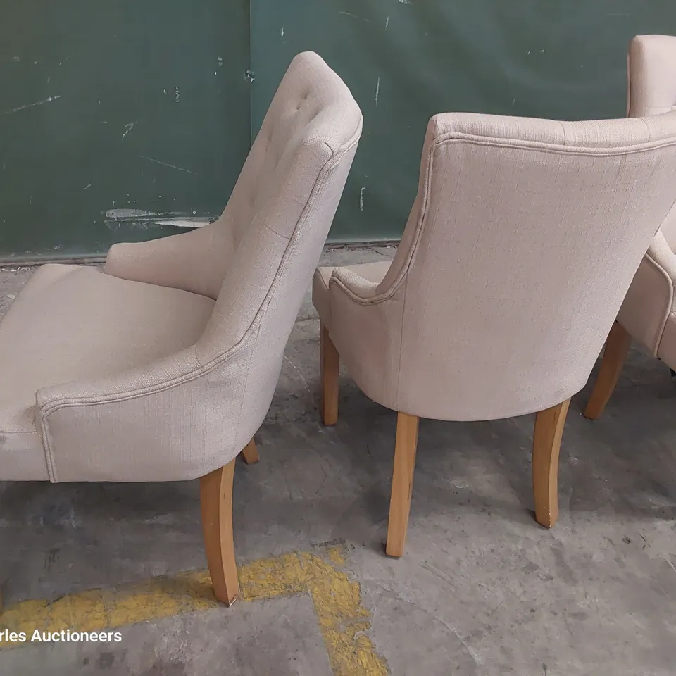 SET OF FOUR UPHOLSTERED BUTTONED BACK DINING CHAIRS BEIGE FABRIC ON NATURAL WOOD LEGS 