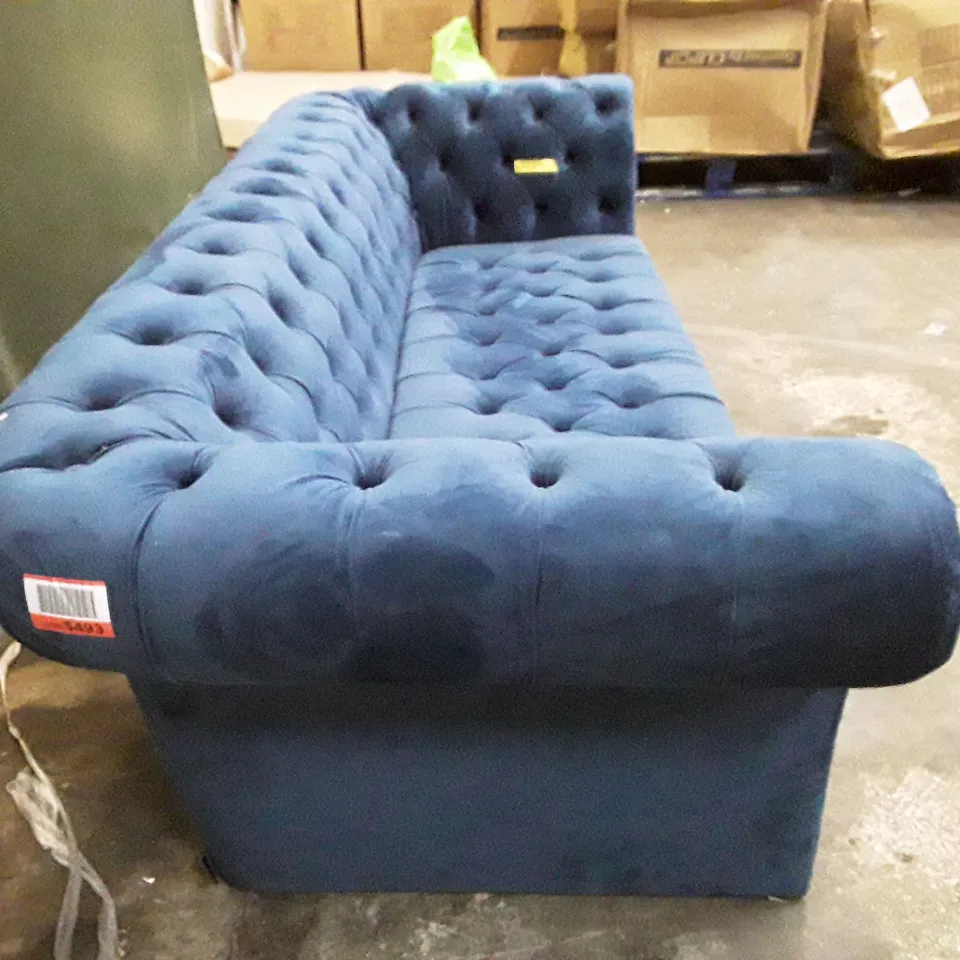 QUALITY DESIGNER MERCER 215CM VELVET SCROLL ARM CHESTERFIELD SOFA - BLUE VELVET FABRIC