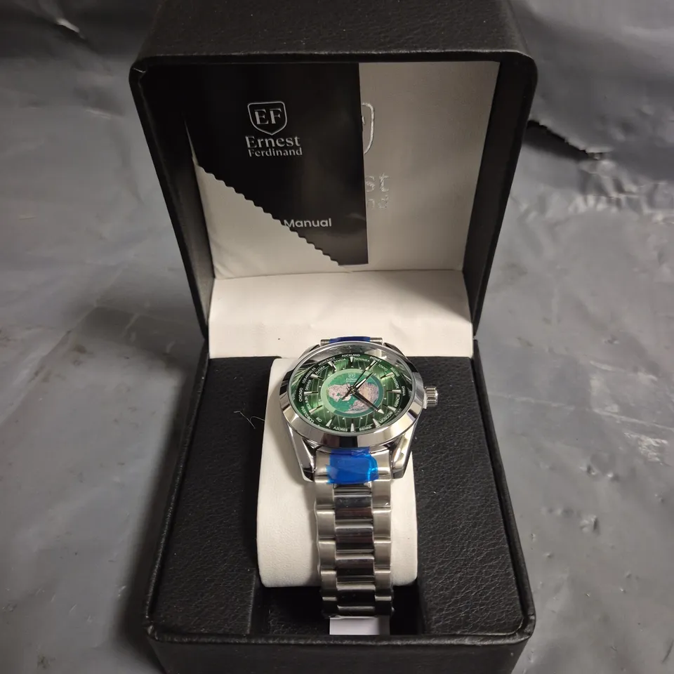 ERNEST FERDINAND STAINLESS STEEL WORLD MAP GREEN DIAL WATCH WITH METAL STRAP IN BOX