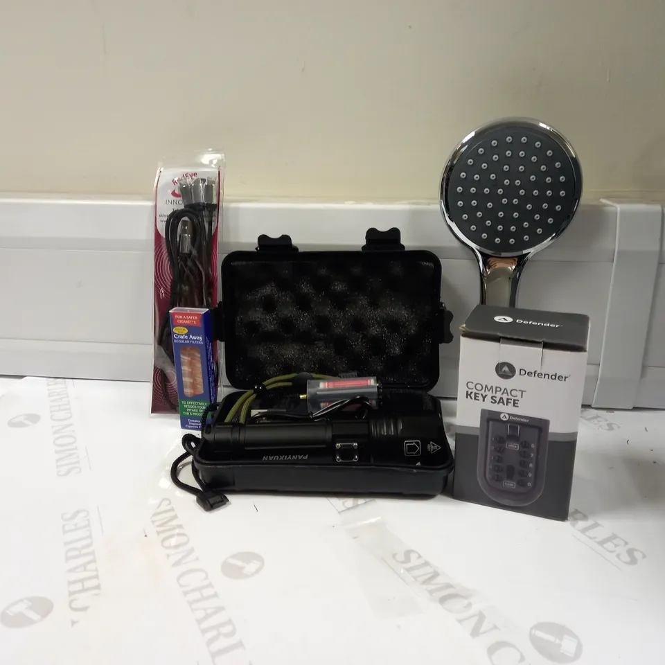 LOT OF APPROX 20 HOUSEHOLD ITEMS TO INCLUDE COMPACT KEY SAFE, A TOUCH AND A SHOWER HEAD