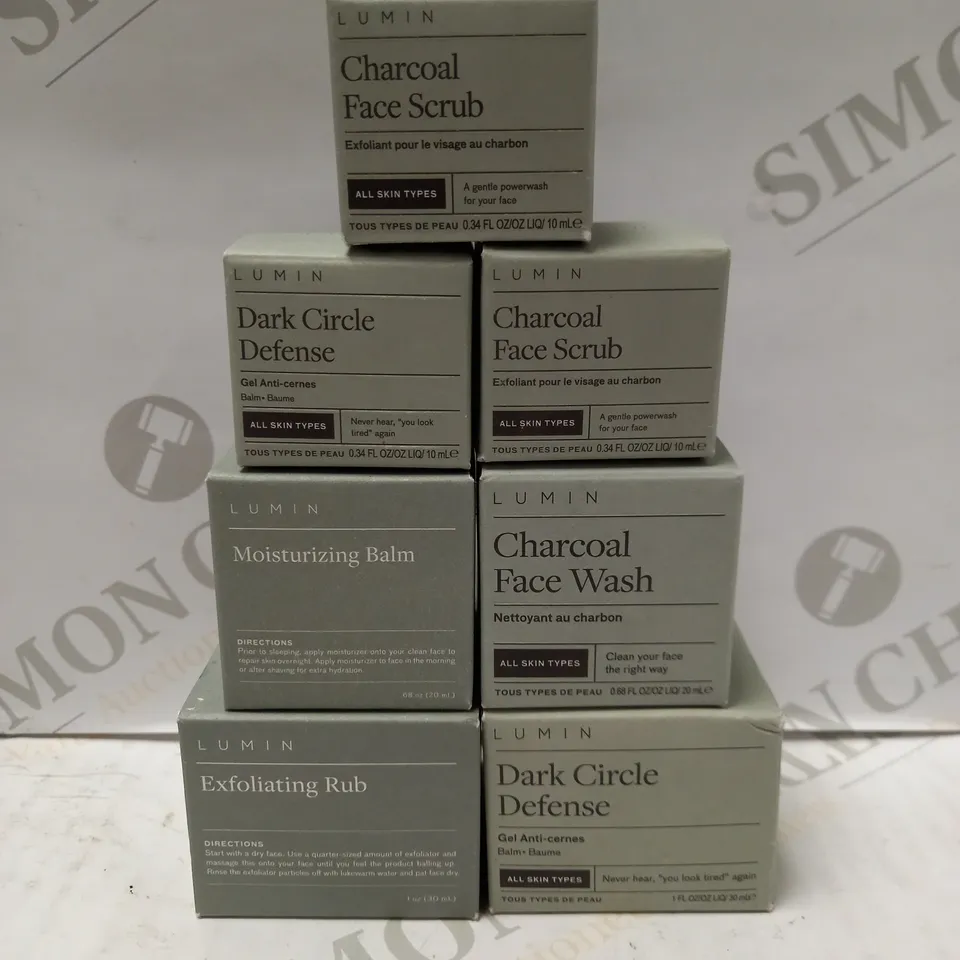 LOT OF APPROX 7 ASSORTED LUMIN PRODUCTS TO INCLUDE CHARCOAL FACE WASH, MOISTURIZING BALM, DARK CIRCLE DEFENSE, ETC 