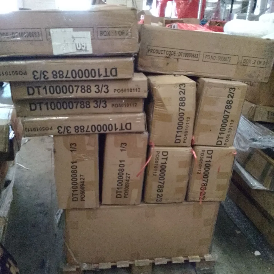 PALLET OF ASSORTED FLAT PACK DINING TABLE PARTS 