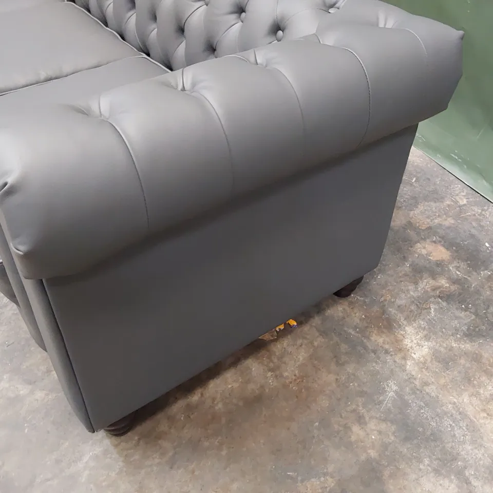DESIGNER THREE SEATER CHESTERFIELD SOFA GREY LEATHER 