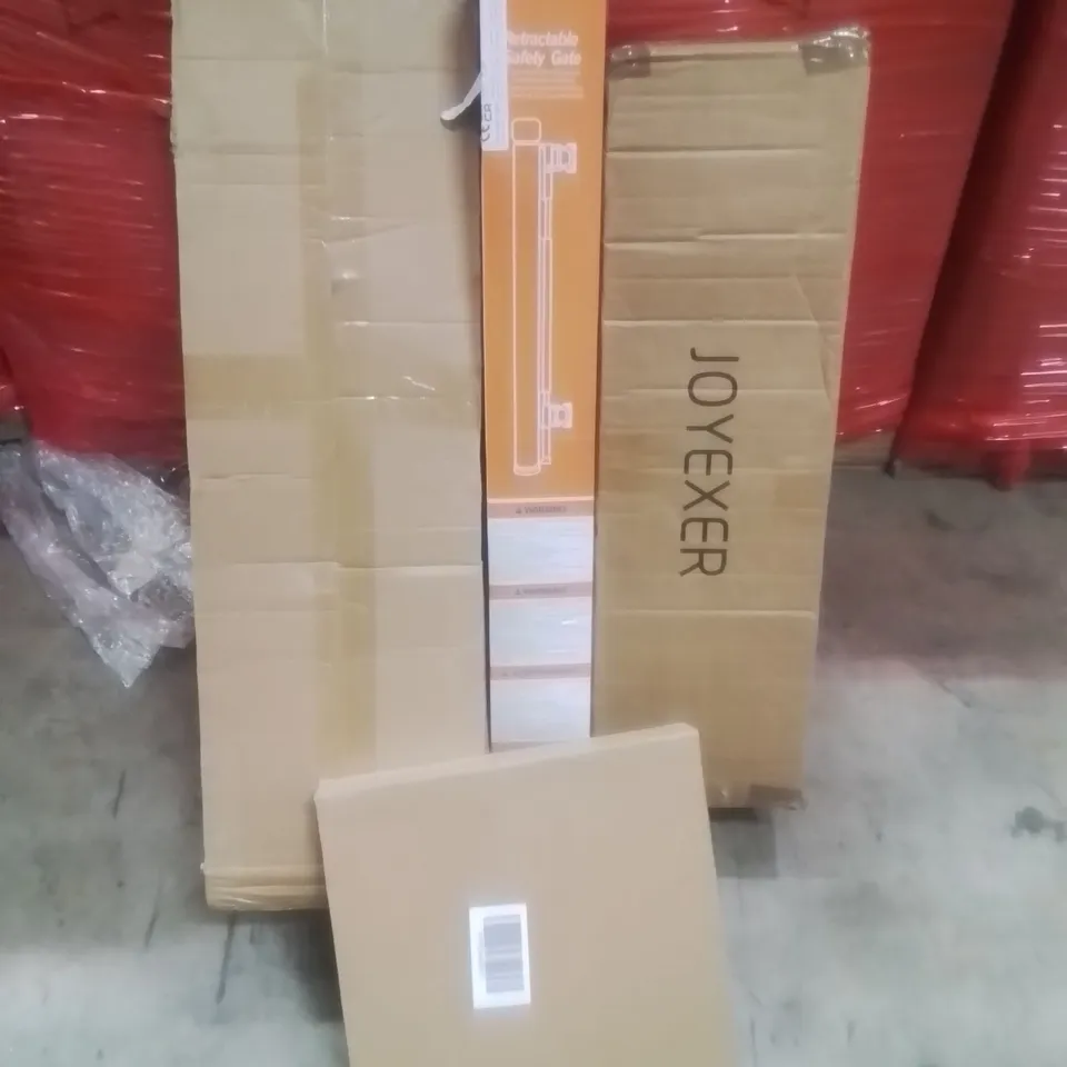 PALLET CONTAINING ASSORTED ITEMS TO INCLUDE: RETRACTABLE SAFETY GATE, PHOTO FRAME, INFLATABLE GYMNASTICS MAT WITH AIR PUMP AND FOLDABLE TRAMPOLINE ETC...