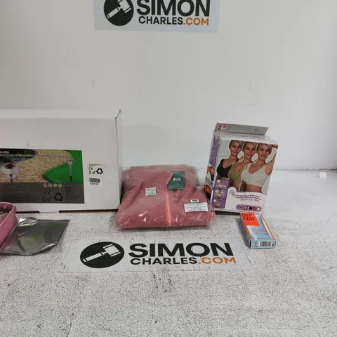 BOX OF APPROXIMATELY 15 ASSORTED ITEMS INCLUDING NIP + FAB EXFOLIATE OIL-FREE MOISTURISER WITH SPF 30, COMFORTISSE PUSH UP BRA IN SIZE XL AND A LA MAREY PINK FLEECE