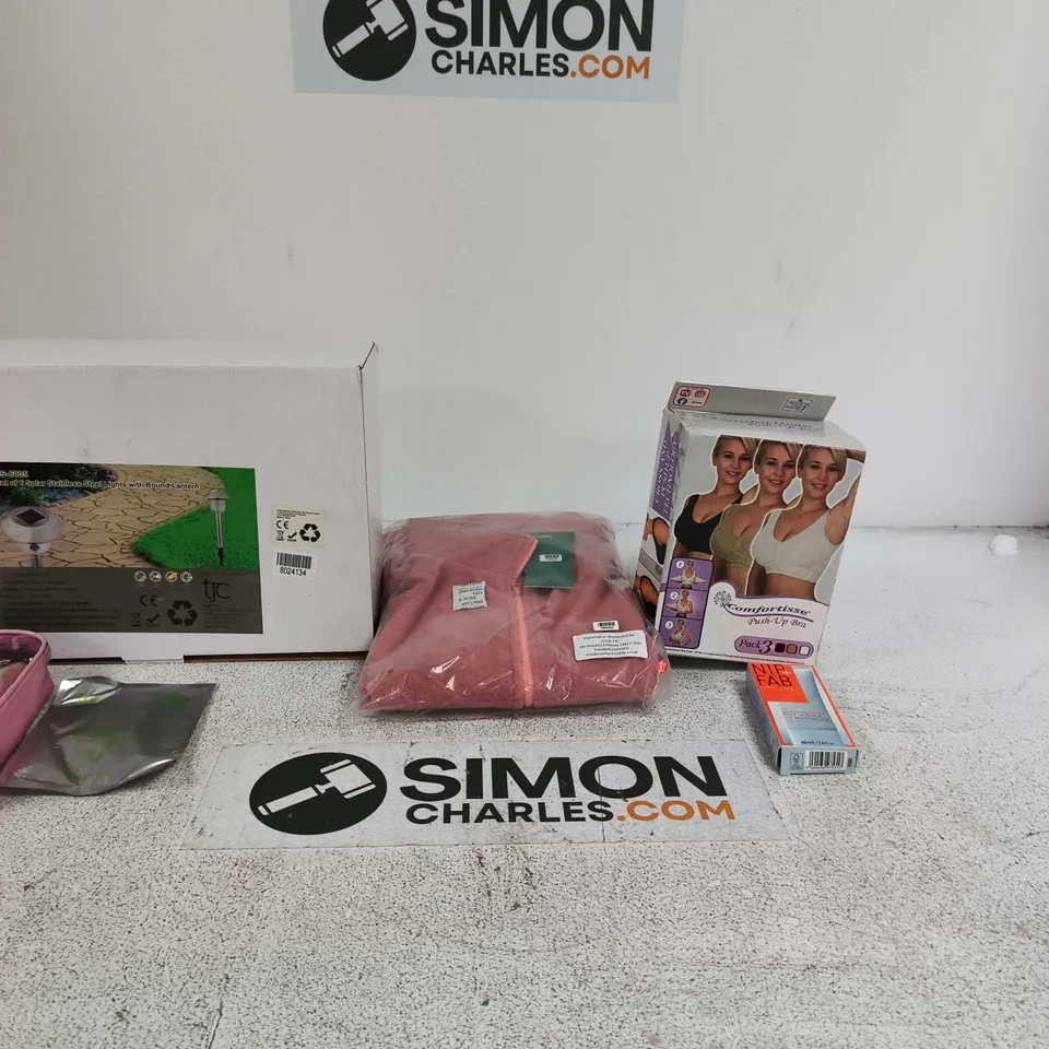 BOX OF APPROXIMATELY 15 ASSORTED ITEMS INCLUDING NIP + FAB EXFOLIATE OIL-FREE MOISTURISER WITH SPF 30, COMFORTISSE PUSH UP BRA IN SIZE XL AND A LA MAREY PINK FLEECE