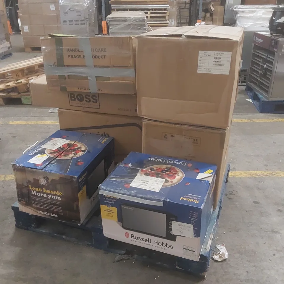 PALLET CONTAINING A LARGE QUANTITY OF ASSORTED ELECTRICAL PRODUCTS INCLUDING: RUSSELL HOBBS MICROWAVES, PORTABLE COOLER BOX, BUILT-IN MICROWAVE OVEN ECT
