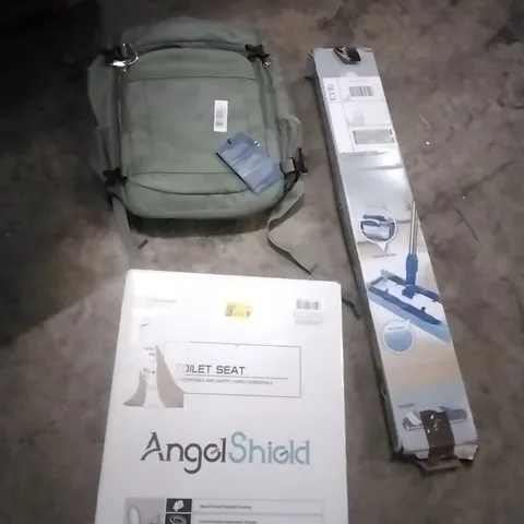 PALLET OF ASSORTED ITEMS TO INCLUDE; TOILET SEAT, BACKPACK, MICROFIBER MOP