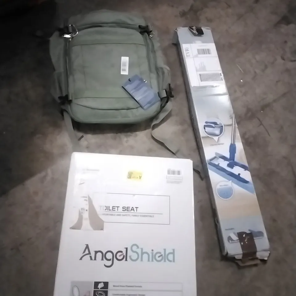 PALLET OF ASSORTED ITEMS TO INCLUDE; TOILET SEAT, BACKPACK, MICROFIBER MOP