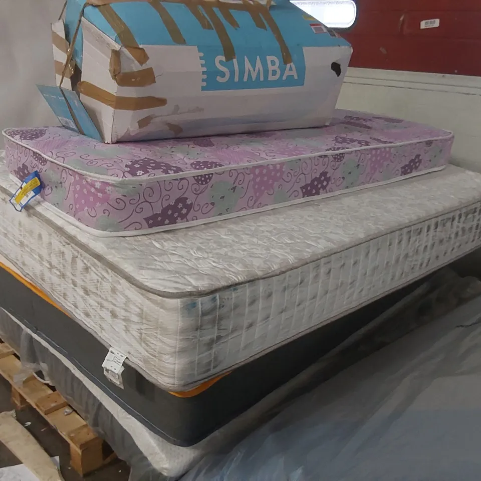 PALLET CONTAINING 4x ASSORTED MATTRESSES, 1x MATTRESS TOPPER 