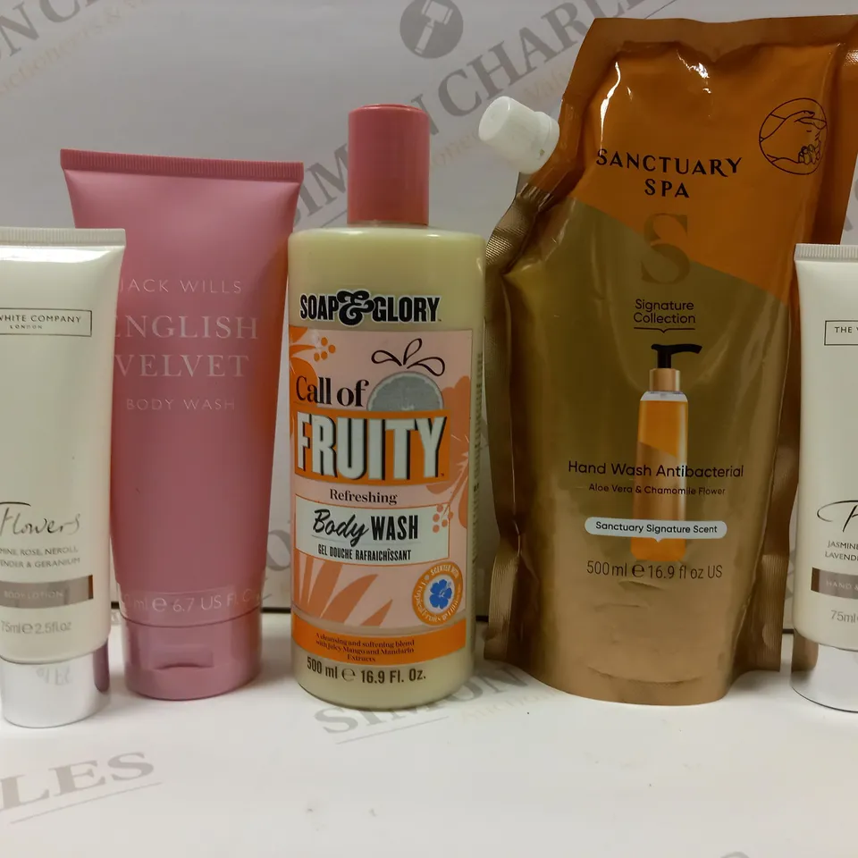 BOX OF 5 ITEMS TO INCLUDE SANCTUARY SPA ANTIBACTERIAL HAND WASH (500ML), SOAP&GLORY CALL OF FRUITY BODY WASH (500ML) AND THE WHITE COMPANY HAND AND NAIL CREAM (2X75ML)
