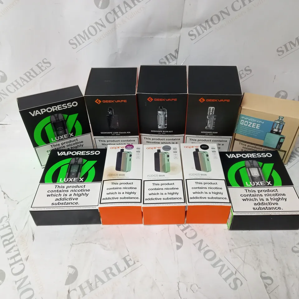 BOX OF APPROXIMATELY 10 ASSORTED E-CIG PRODUCTS TO INCLUDE GEEKVAPE, ASPIRE, VAPORESSO 
