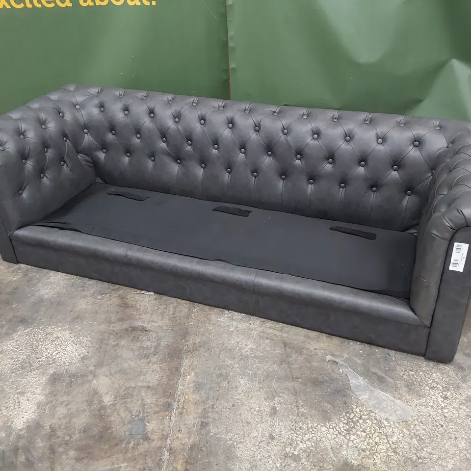 DESIGNER THREE SEATER CHESTERFIELD SOFA GREY LEATHER 