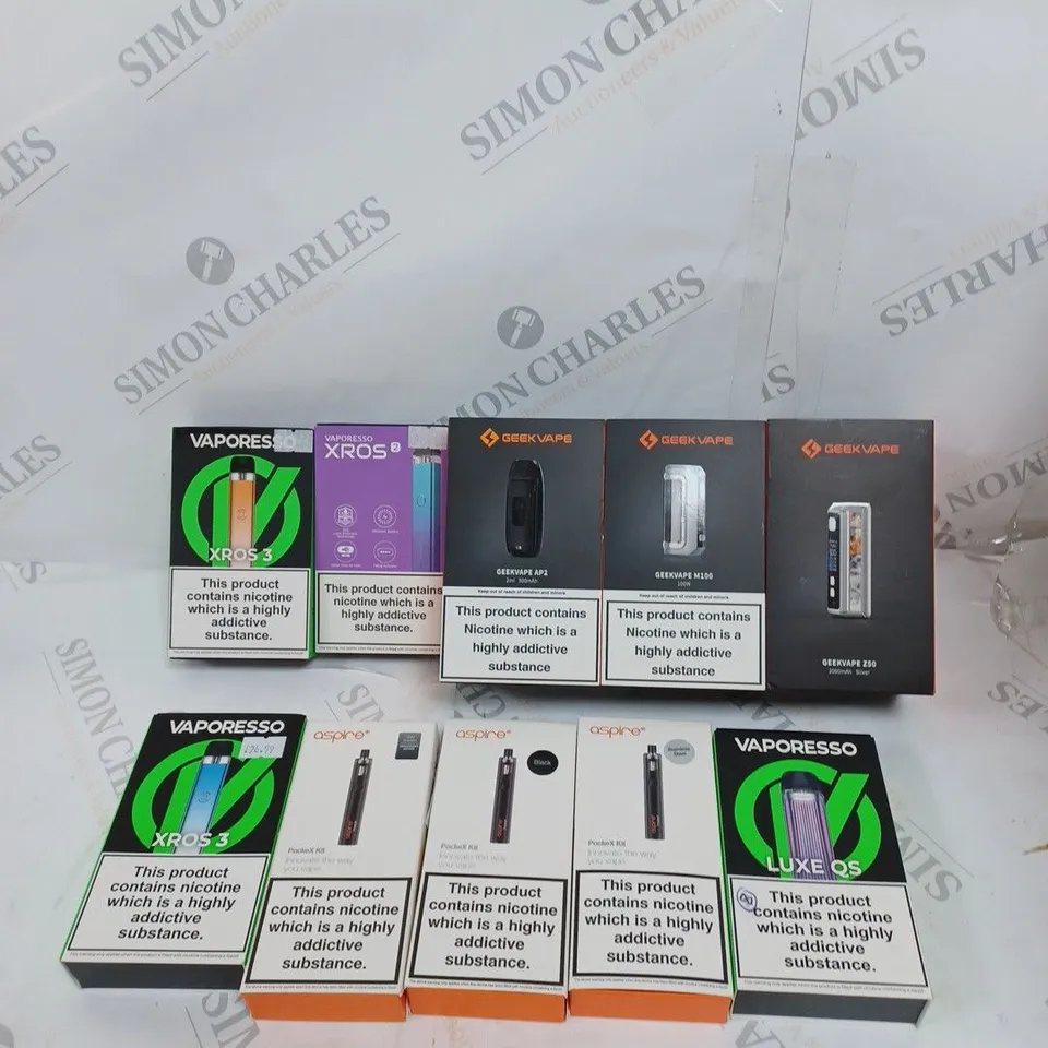 BOX OF APPROXIMATELY 10 ASSORTED E-CIGARETTE PRODUCTS & ACCESSORIES TO INCLUDE GEEK VAPE, ASPIRE, VAPORESSO ETC