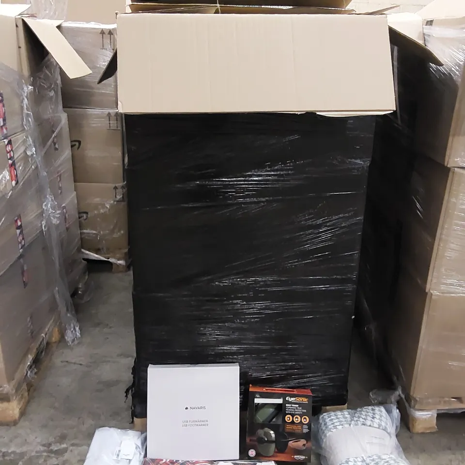 PALLET OF ASSORTED ITEMS INCLUDING: USB FOOTWARMER, EYE & EAR PROTECTORS, AUDIO CABLE, FLEECE BLANKET, CHRISTMAS CUSHION COVERS, INDIAN CLOTHING, CARDS, PHONE CASES