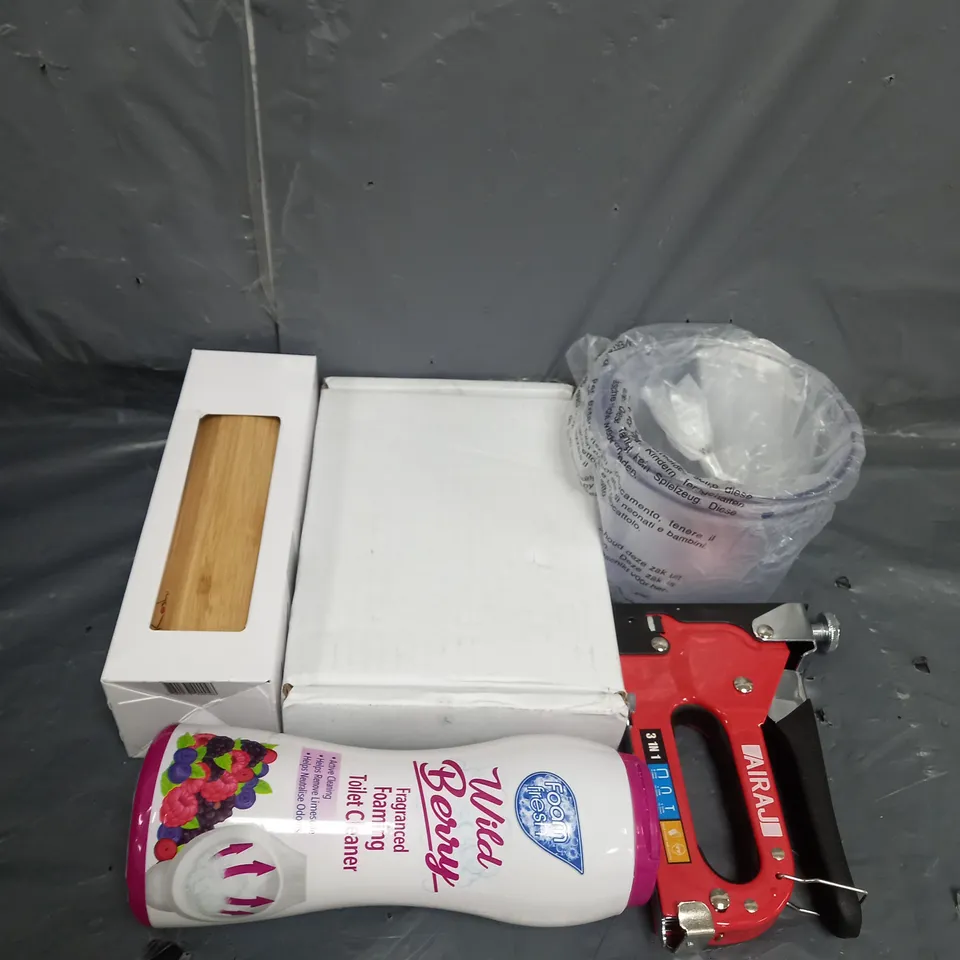 APPROXIMATELY 10 ASSORTED HOUSEHOLD ITEMS TOO INCLUDE TOILET CLEANER , STAPLER , GOLD BALLS , ETC 