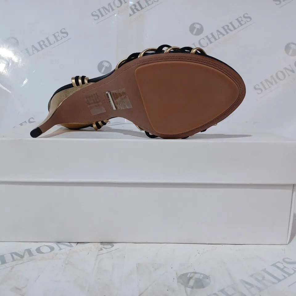 BOXED PAIR OF REISS CASSIDY STRAPPY HEELS IN BLACK/GOLD UK SIZE 4
