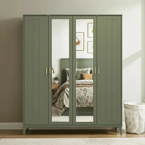 BOXED HARRINGTON 4 DOOR WARDROBE WITH MIRROR - KALE GREEN (2 BOXES)