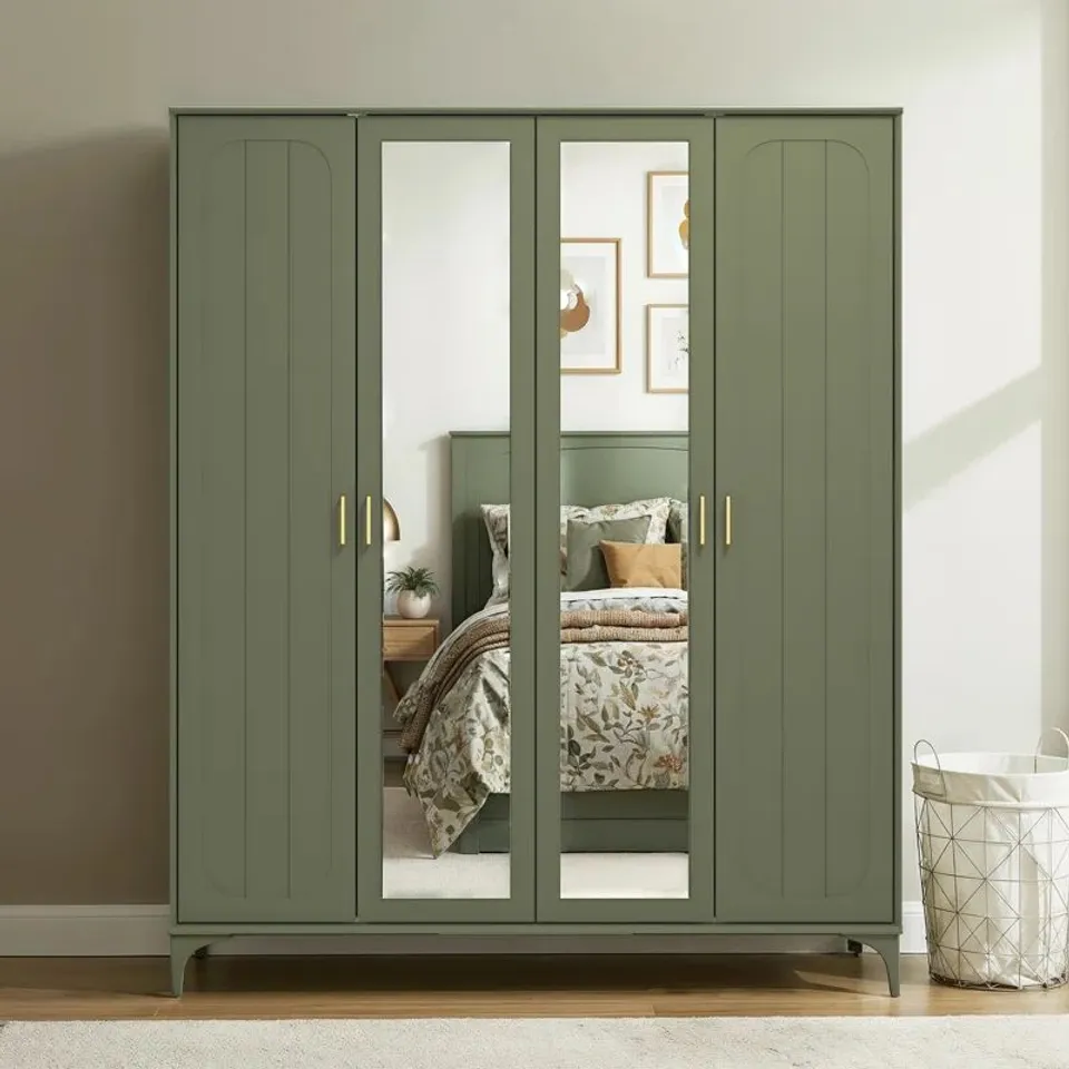 BOXED HARRINGTON 4 DOOR WARDROBE WITH MIRROR - KALE GREEN (2 BOXES)