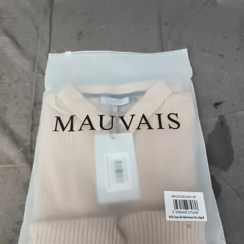 BAGGED MAUVAIS ELYSEE SLIM RIBBED REVERE POLO SHIRT – BEIGE, UK M