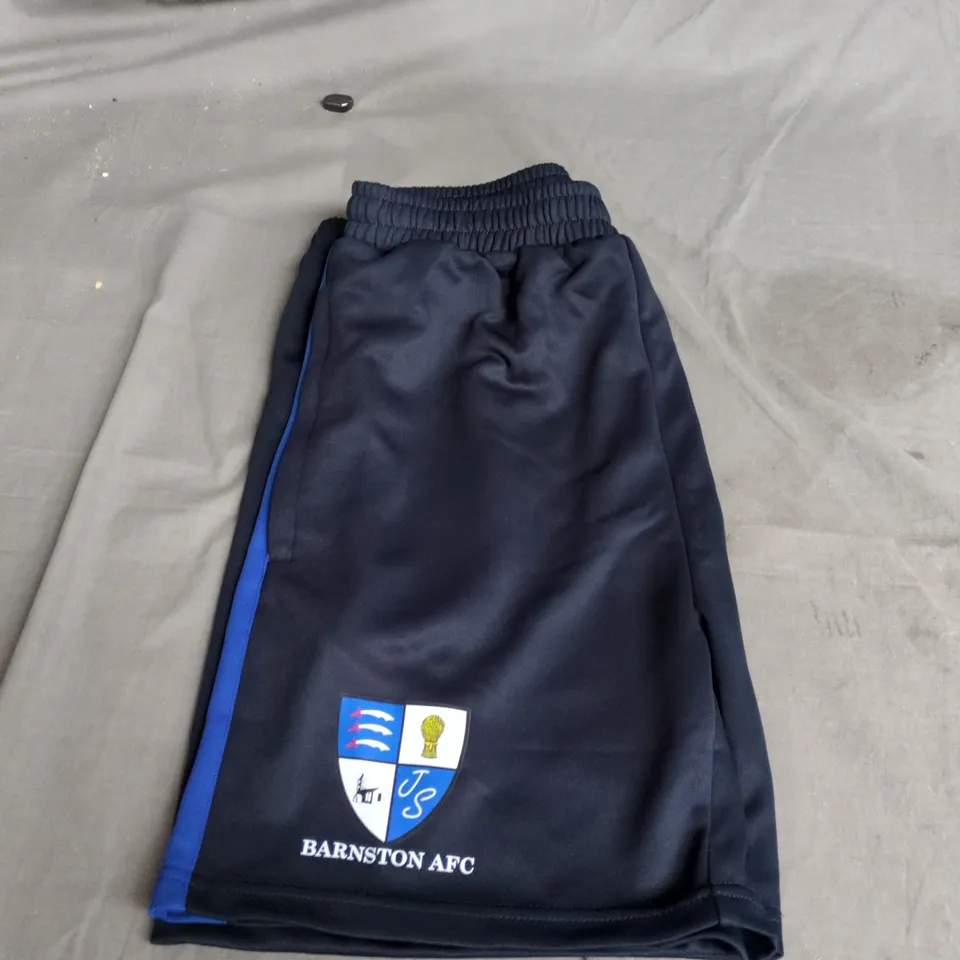 BARNSTON AFC FOOTBALL SHORTS – NAVY WITH BLUE SIDE STRIPE, SIZE M