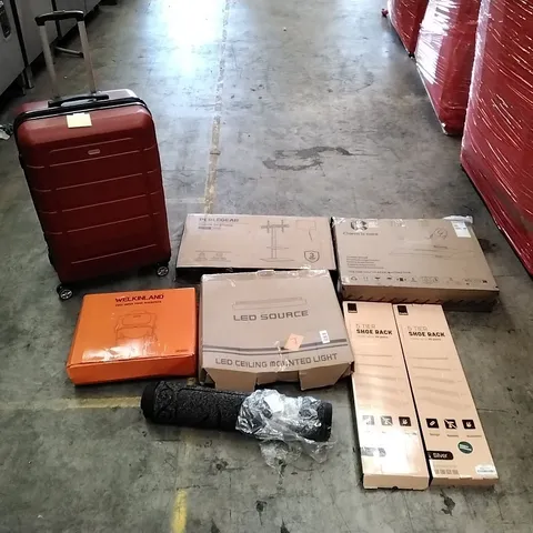 PALLET OF ASSORTED ITEMS TO INCLUDE: KEPLIN 5 TIER SHOE RACKS, COOKER HOOD, SUITCASE, MAT, LED CEILING LIGHT, FLOOR TV STAND, TOOL BACKPACK ECT