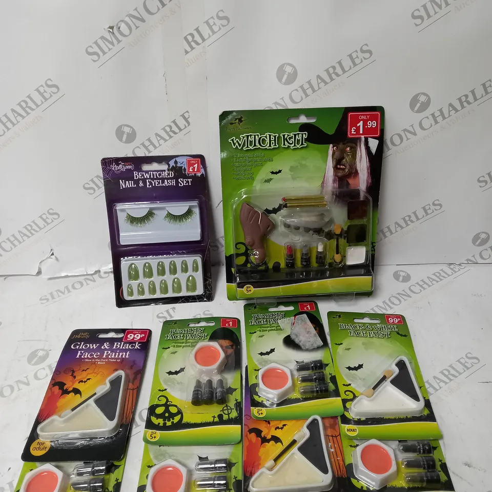 BOX OF APPROX. 10 ASSORTED MAKE UP HALLOWEEN ITEMS TO INCLUDE PUMPKIN FACE PAINT, WITCH KIT, NAIL AND EYELASH SET, ETC. 