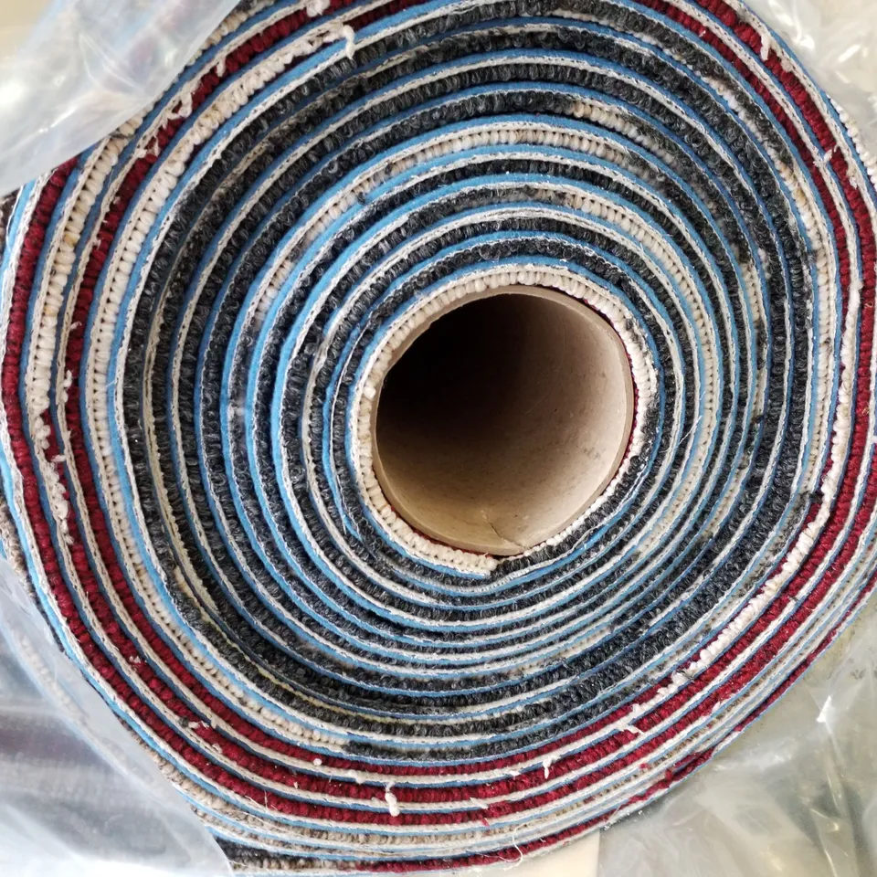 ROLL OF QUALITY B.GALA STRIPES BLUE FELT 170 RED LINES CARPET APPROXIMATELY 12.2×4M