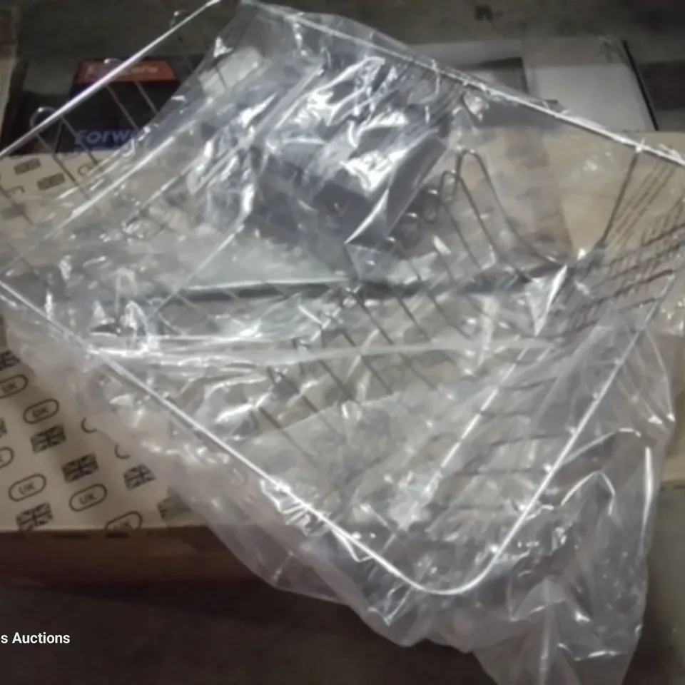 PALLET OF ASSORTED ITEMS TO INCLUDE, TV WALL MOUNT 55-100", SET 3 CAST IRON FRYING PANS, CHROME DRAINER RACK, DURONIC VACUUM CLEANER 