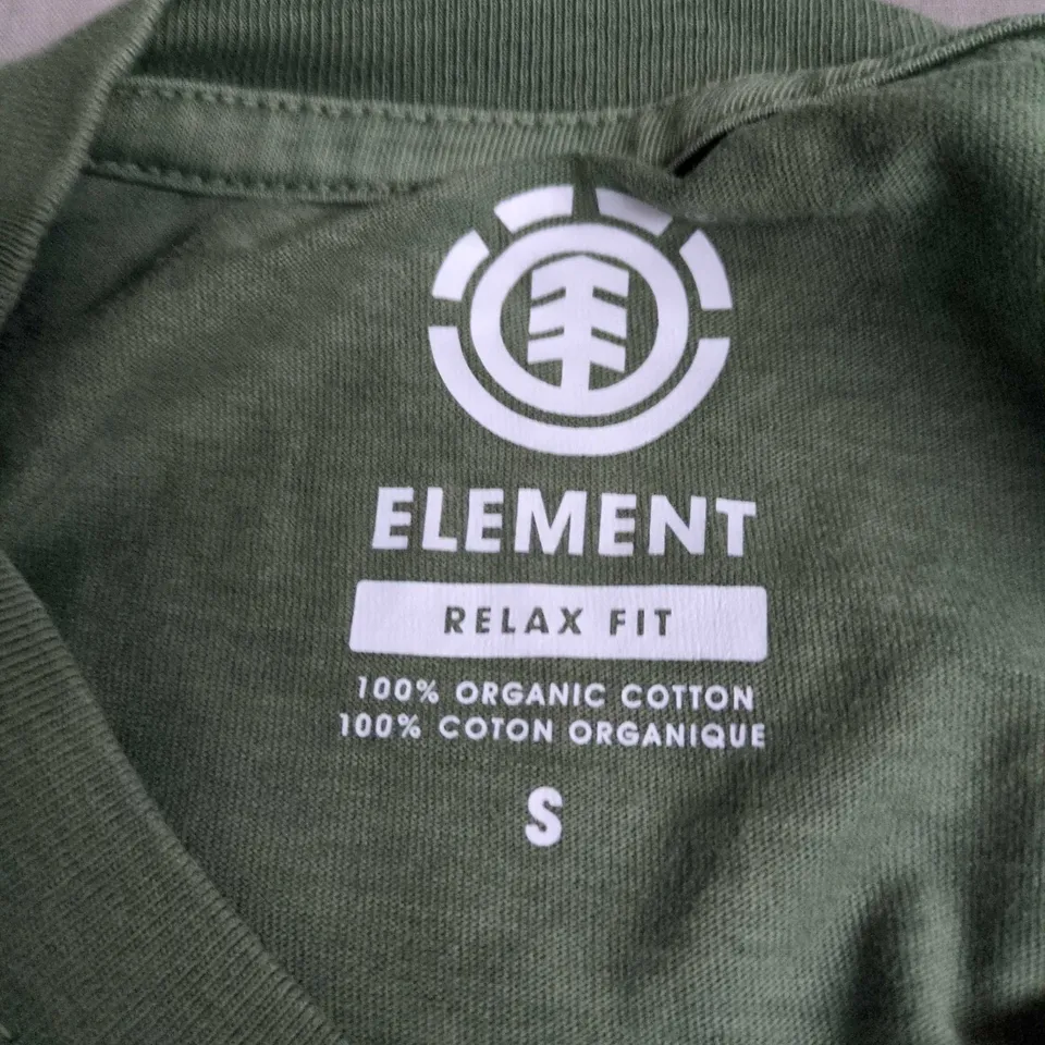 ELEMENT RELAX FIT T-SHIRT – GREEN, UK SIZE S, 100% ORGANIC COTTON