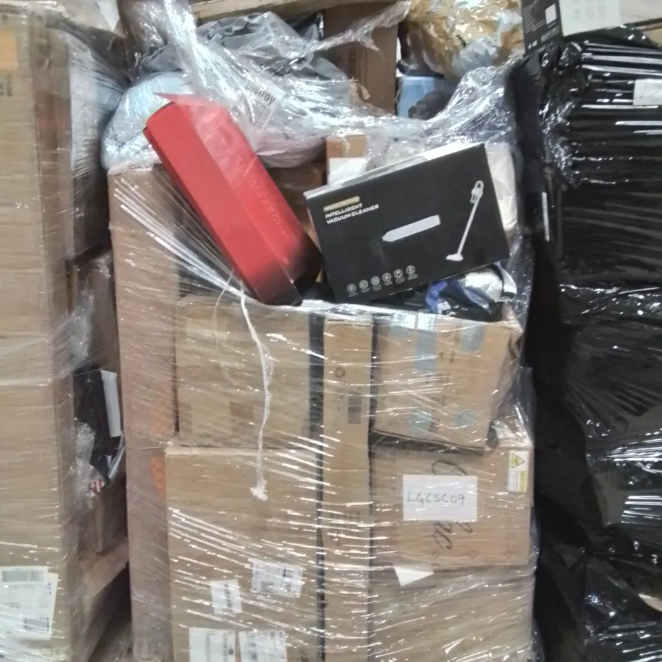 PALLET OF ASSORTED HOUSEHOLD GOODS AND PRODUCTS TO INCLUDE;STEERING WHEEL AND PEDALS,VACUUM CLEANER,CAR AUDIO AMPLIFIER 